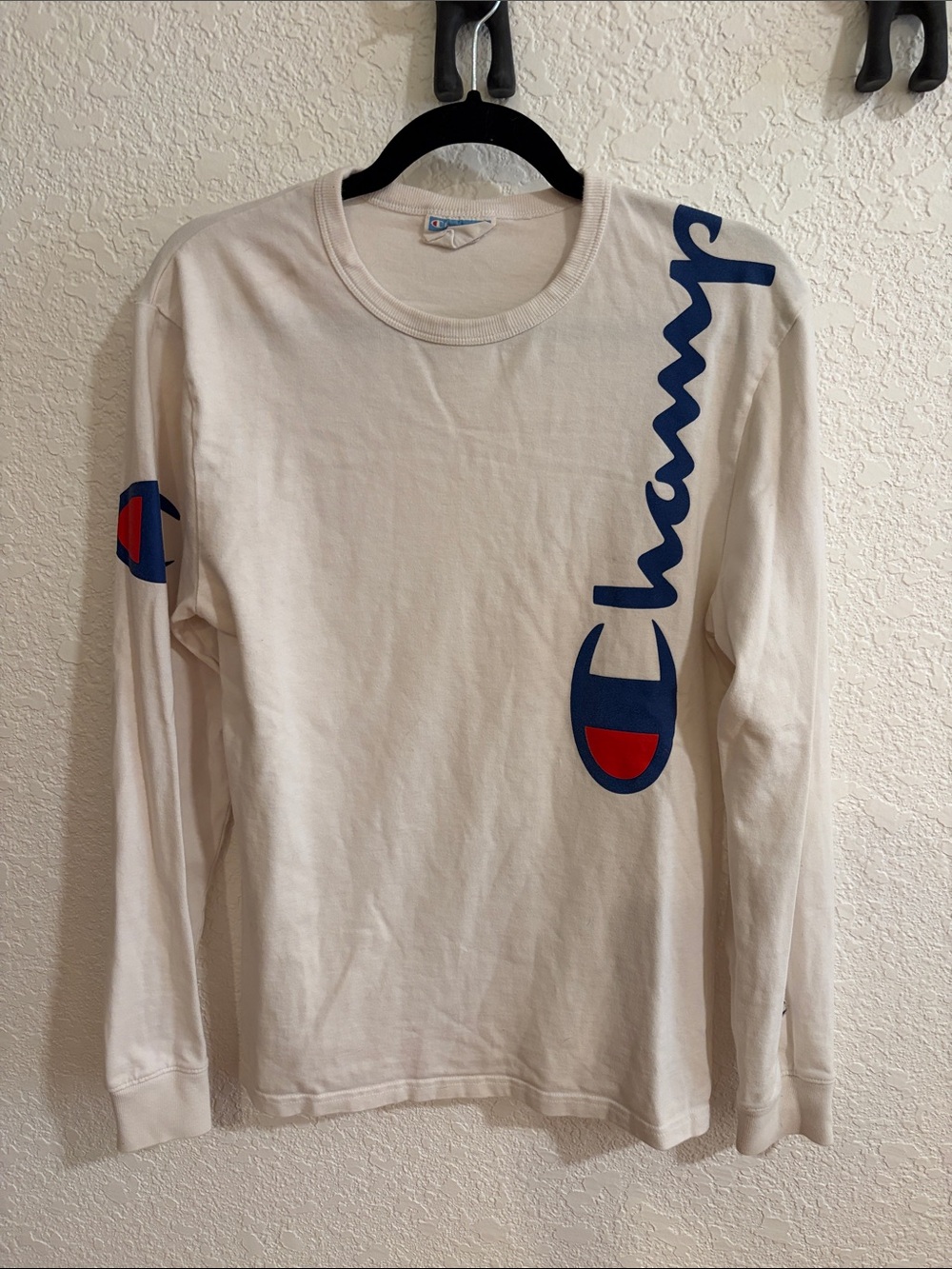 Champion Cream Long-Sleeve Crew with Blue and Red Logo